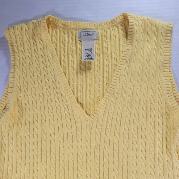 L.L. Bean Women Sleeveless Yellow Cable Knit Cotton V-Neck Sweater Vest Size S - Picture 2 of 6